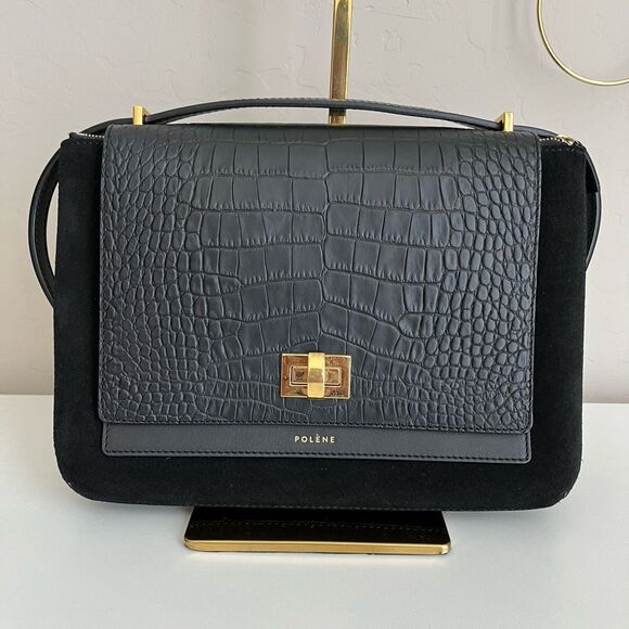 Polene Handbags - Polene Numero Deux Croc Embossed Crossbody Suede Leather Bag Black